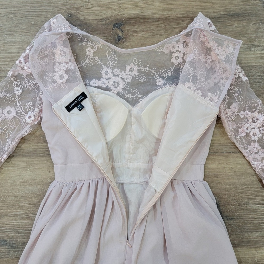 London Dress Co Floral Lace Overlay Pleated Midi Dress Blush Pink Women's Size 6 - Picture 9 of 10